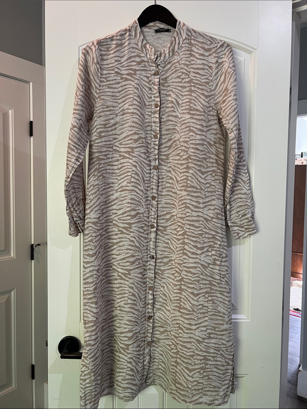 Button-Front Linen Shirt Dress in Zebra Print